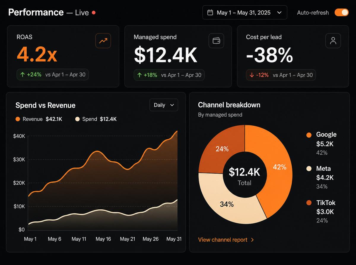 Camorna analytics dashboard showing plain-English insights, wasted-spend detection, and cross-channel ROAS attribution